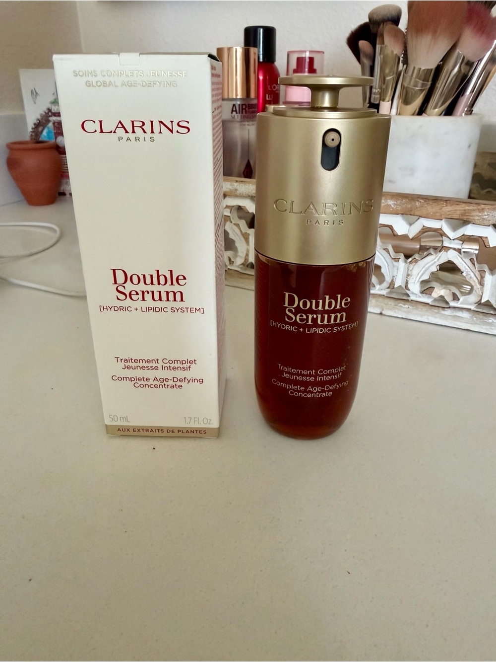 Clarins Double Serum Bottle and Box - Gold, Brown, Cream